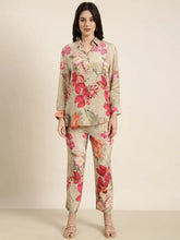 Women Oversized Beige Printed Shirt & Trousers Set-DW-5100-Beige